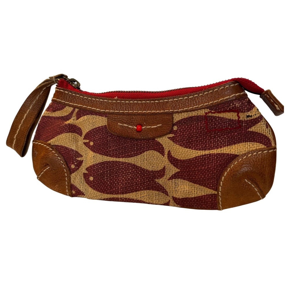 Gap‎ Project Red Africa Fish Print Wristlet Clutch Burlap Leather Trim Rare